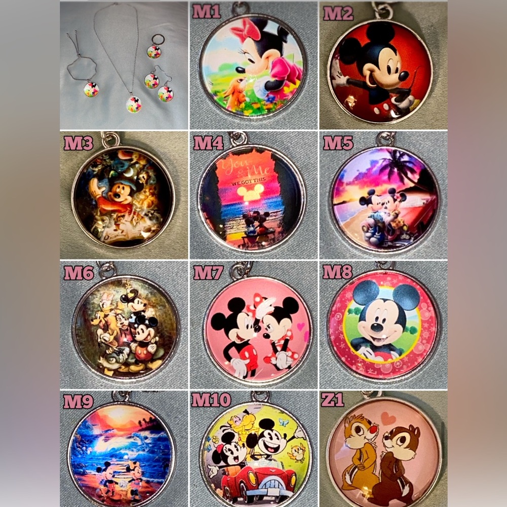 4 Piece Disney/Comic Themed Round Glass Silver Plated Jewelry & Keychain Sets